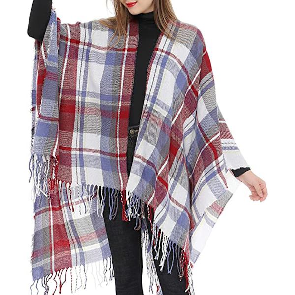 Dame Varm Sjal Wrap Åben Front Poncho Cape Farve Blok Sjal