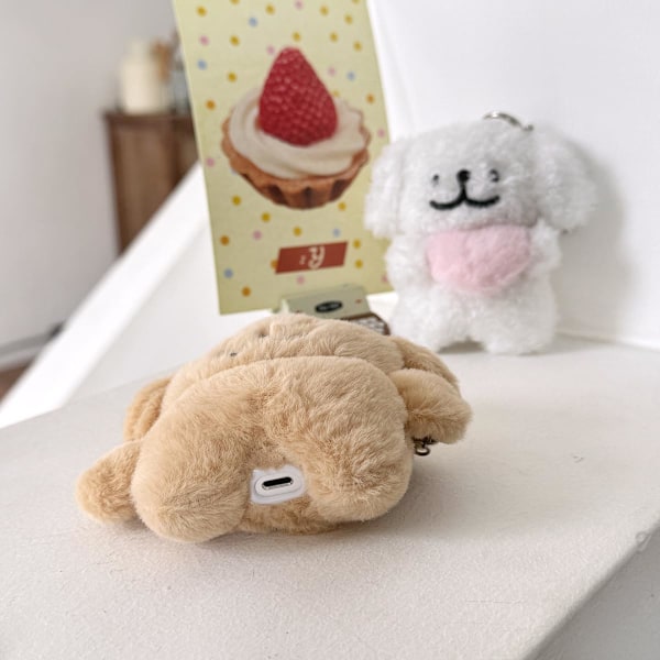 1 st Plyschfodral för AirPods 4, Roligt Sött 3D Tecknad Plysch Kawaii Khakifärgad Valpdesign Mjukt Varmt Skydd för