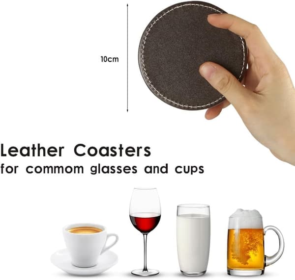 (Brun) Sæt med 6 læder coasters med holder