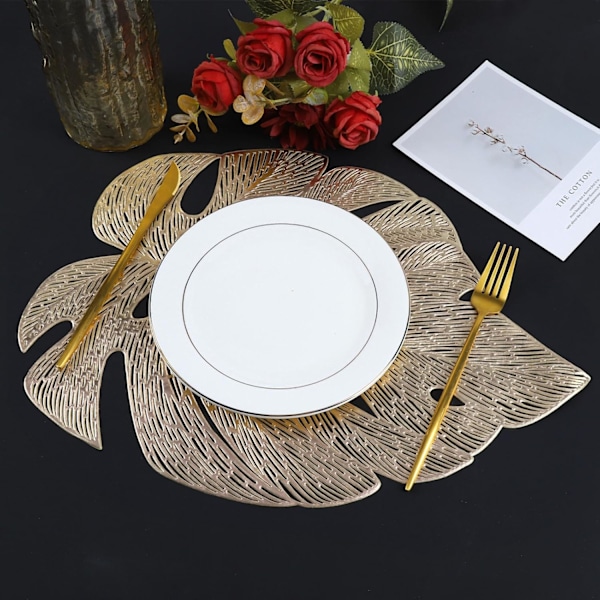 (Garden Gold) Placematssett med 6, Uthulede Blad Placemats for Spisebord Presset Vinyl Bordmatter for Feriefest