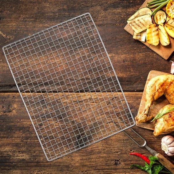 Rektangulær 36,5x26,5 cm metallrist for utendørs grilling, multifunksjonelt kraftig netting, stativ