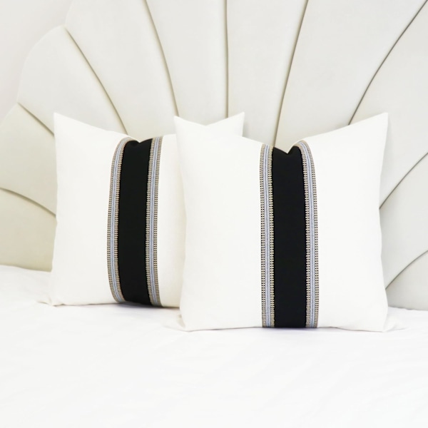 Pack of 2 Linen Off White and Black Patchwork Throw Pillow Covers Decorative Cushion Covers for Couch Sofa Square 18 x 1