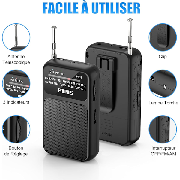kpl Musta Pieni Kannettava Radio, Tasku FM Radio Ladattavalla 800mAh Akulla, Erinomainen Vastaanotto, Transistori Paristoradio Ihanteellinen Kävelyyn ja