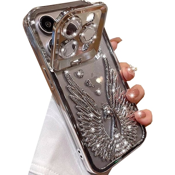 Etui for iPhone 15 Pro Max, Søt 3D Diamant Rhinestone Vinger med Bling Glitrende Kamera Stativ Myk TPU Bumper støtsikker