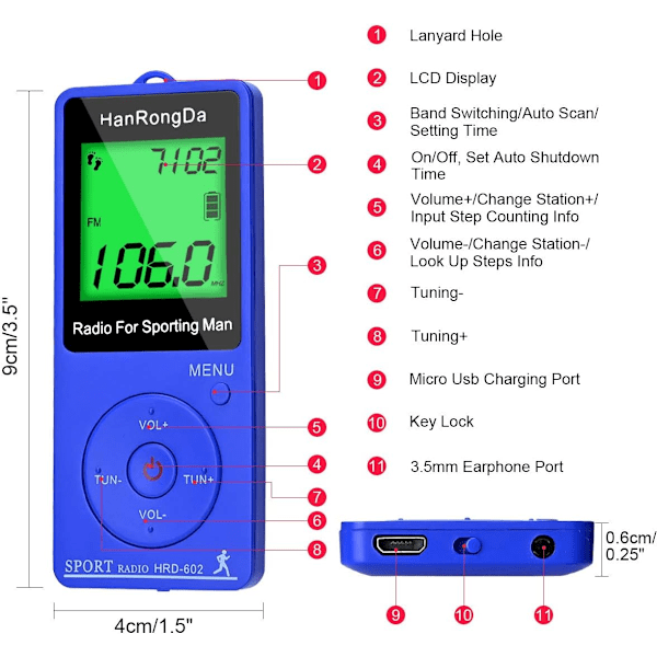 (Sininen) Kannettava digitaalinen radio sisäänrakennetulla askelmittarilla, AM-FM-urheiluradio, digitaalinen viritys, stereo, minivastaanotin