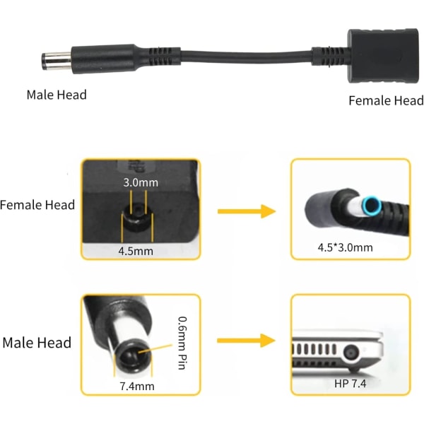 2 stk. - DC-strømadapterkabel for bærbar PC, 4,5 x 3 mm hunn til 7,4 x