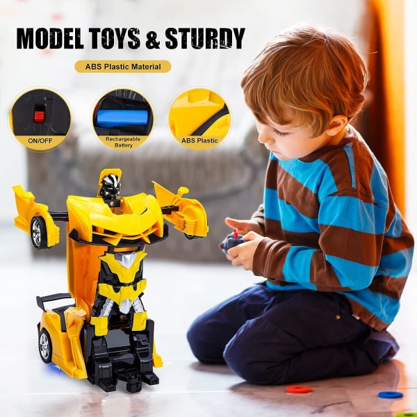 2-i-1 fjärrkontrollrobotbil (gul), 1:18 transformerleksak