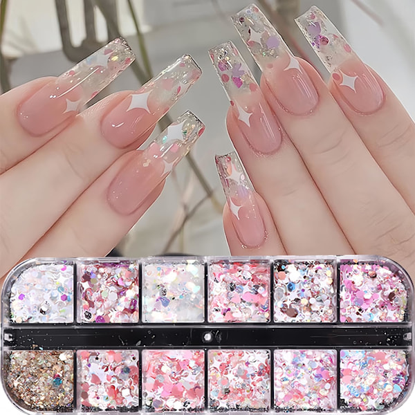 3 st 12-rutors nagelkonst glittersekvenser, holografiska hexagon chunky nagelglitter glänsande hjärta sjöjungfru nagelflingor sekvenser