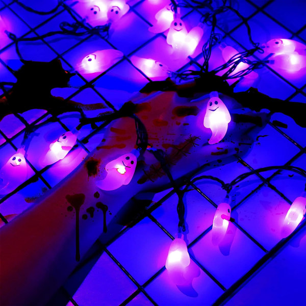 30 LED Halloween-ljusslinga - 65 fot lila spök-ljusslinga med 30V-kontakt, utbyggbar 8 Hallowe