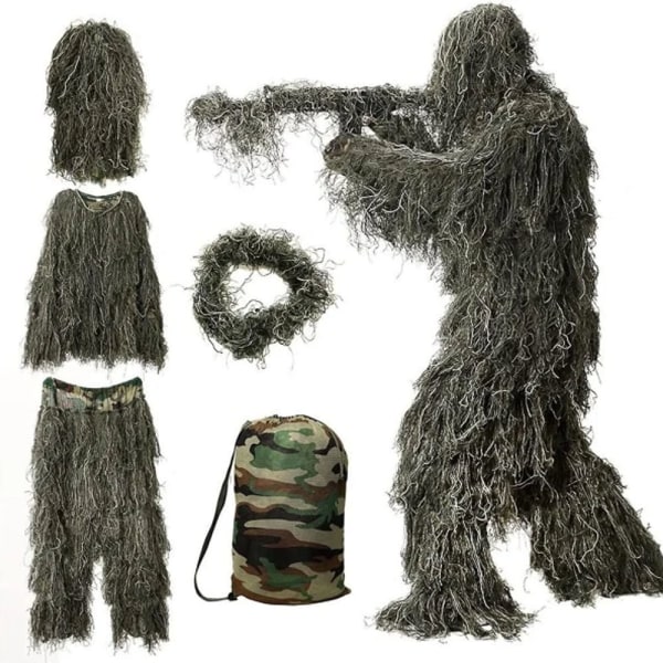 5 i 1 Ghillie-dragt, 3D-camouflage jagttøj inklusive jakke, bukser, hætte, bæretaske