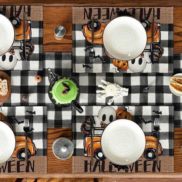4 kpl Buffalo Plaid -lepakkohaamu-kuorma-auton pelottavia Halloween-paikka-alustoja, 12x18 tuumaa, sesongin pöytäalustoja juhliin ja keittiöön