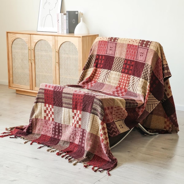 Chenillevävd filt, dubbelsidig lapptäcke med fransar, bohemiskt överkast, 220x260cm