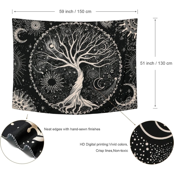 Tree of Life Tapestry Moon and Sun Black seinälle ripustettava psykedeelinen materiaali