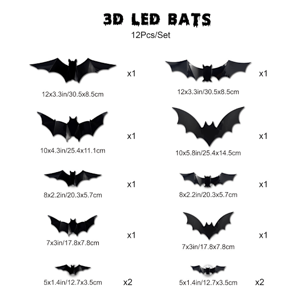 Halloween Dekoration Fladdrande Ljus - 12 st LED Väggdekor Set - Röd & Blå Ljus Luminous Bat Stickers - Återanvändbara 3D Fladdrande