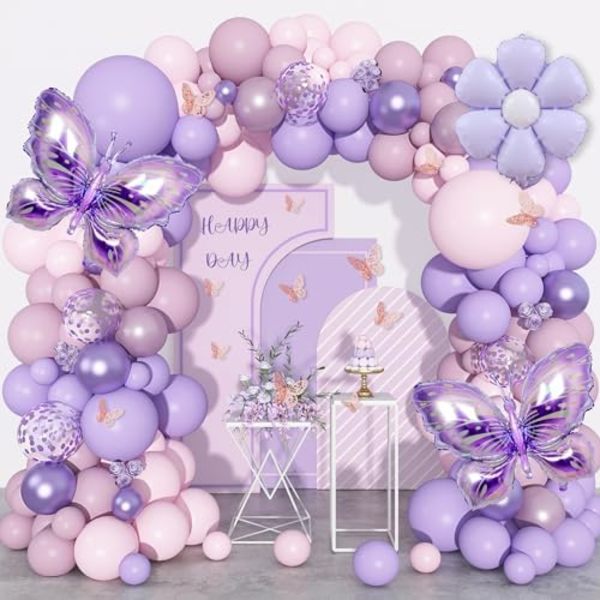 Ballongbåge med fjärilar i rosa och lila, fjärilsfödelsedagsprydnader med folie-fjärilar och blomma för barn