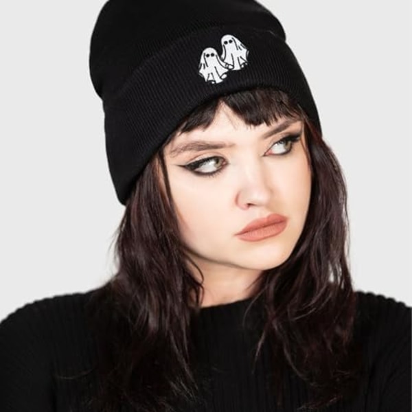 Beaniehatt Svart, Söt Rolig Goth Broderi Vinter Stickad Skallehatt för Vuxna Män Kvinnor