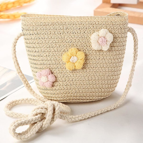(Beige) 2-pack flicka solhatt och halmvävd väska, 1-6 år gammal barn halmhatt med blomdekoration, sommarstrandhatt