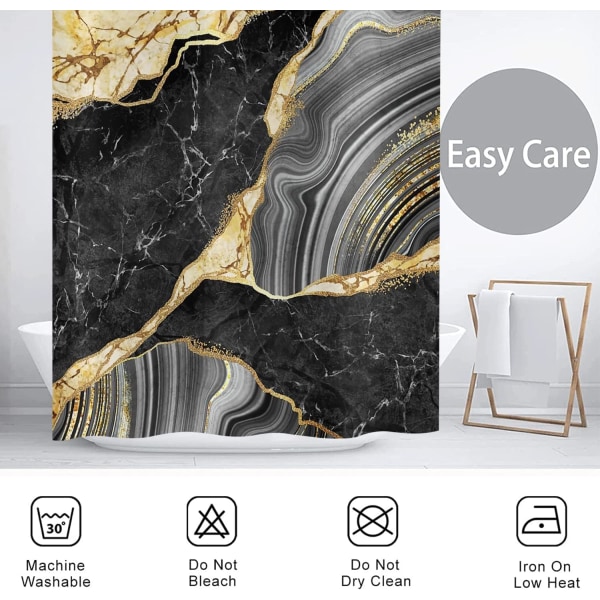 Marmor bruseforhæng 180x180, sort og guld glitter bruseforhæng