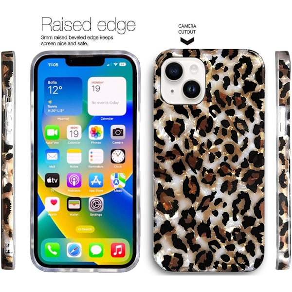 14.6×7.1×1cm Fodral Kompatibelt med iPhone 15 6.1-tums, Lyxig Glittrande Genomskinlig Klar Leopard Gepard Tryckt Pärlemor