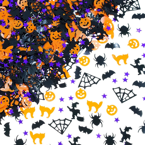 Halloween-juhlat pöydän konfettisisustus - Kurpitsa, hämähäkinseitit, foliomainen metallihelmiä konfettia, temppu vai herkku -juhlan ripottelua
