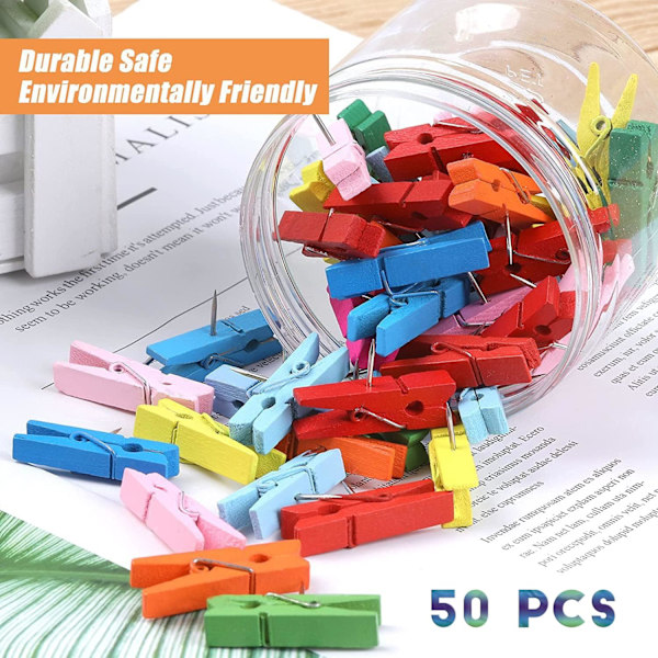 50 Färgglada Push Pins-set med Träklämmor, Hållbara Trä