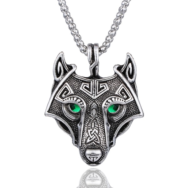 Norse Wolf Head -riipus Viikinkikaulakoru Eläinkorut Rhinestone-silmät Metalliketju