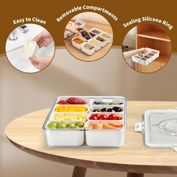 （2-pack）Delad serveringsbricka med lock och handtag, 8 fack, snacksbox, charcuterie-behållare, snacksbox