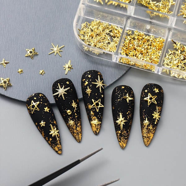 3 Lådor Små Stjärnformade Nagelberlocker Guld Stjärnberlocker för Nageldesign Nageldekorationer Stjärnor Nagelberlock Nageljuveler för Nagelkonstberlock
