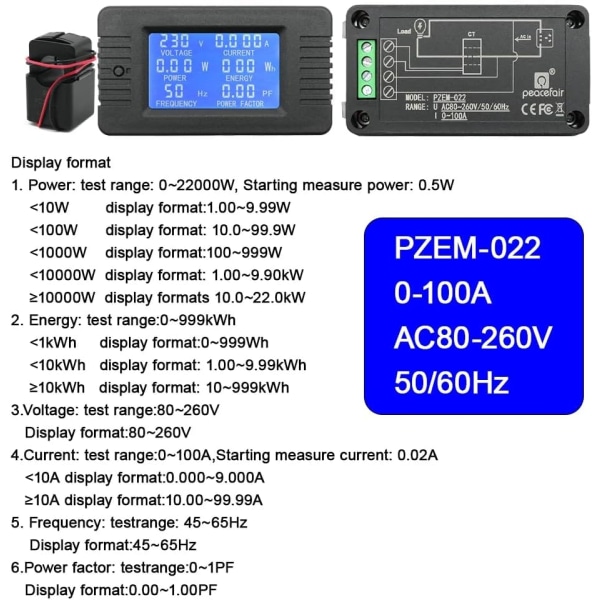 AC 80-260V 100A Strøm Spenning Ampere Strøm Energi Panelmåler