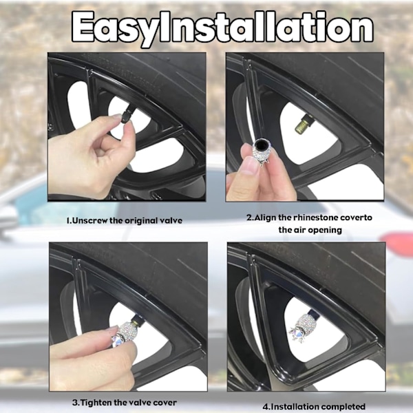 4 kappaletta auton rengasventtiilejä, kiiltävät timanttiset auton rengasventtiilin hatut, auton venttiilin hattu, auton rengashattu, rengasventtiilin hattu, autoihin, kuorma-autoihin, moottoripyöriin, polkupyöriin (valkoinen)