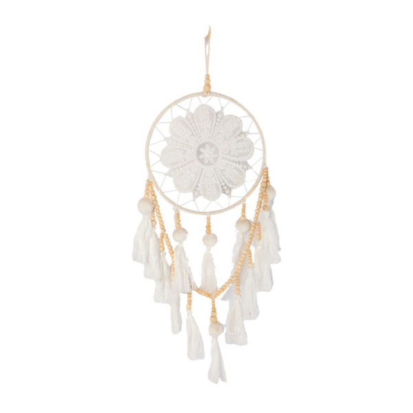 Drømmekatcher Væghæng med Pomponer Stor Hvid Drømmekatcher Træperler Boho Væghæng, Håndlavet Kvaster Ornament