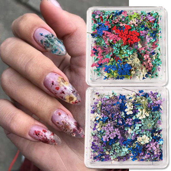 3D Tørkede Blomster Neglekunst Klistremerker Fargerike Tørre Blomster for Negle Sett - DIY Mini Mix Blomsterblader Negleklistremerker Naturlige
