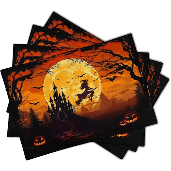 Halloween Hexe Linnedugende Sæt af 4 12x18 Tommer Bat Slot Græskar Bordmåtte Varmebestandig Vaskbar Tørrebar Plads