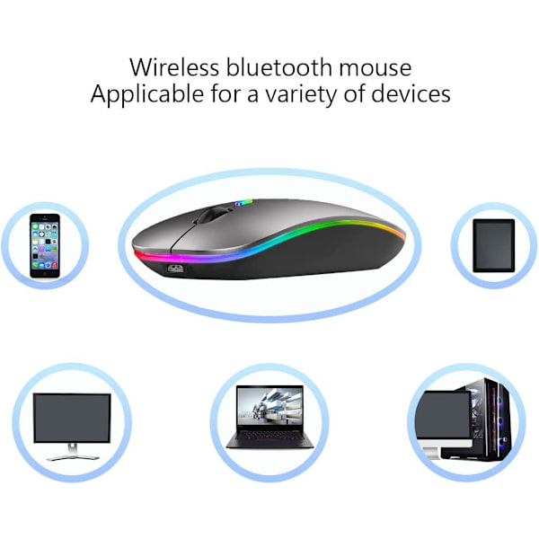 (Grå) 02.4G Trådløs Dobbelttilstand Bluetooth Mus, LED Genopladelig Lydløs Ultra-tynd Bærbar Mus, Po
