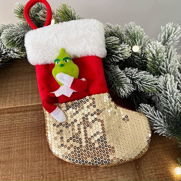 Julstrumpa Grinchs Jul Paljetter Godispåse Gåvor Strumpa Hängande Öppen Spis Strumpor Julgåva Strumpor