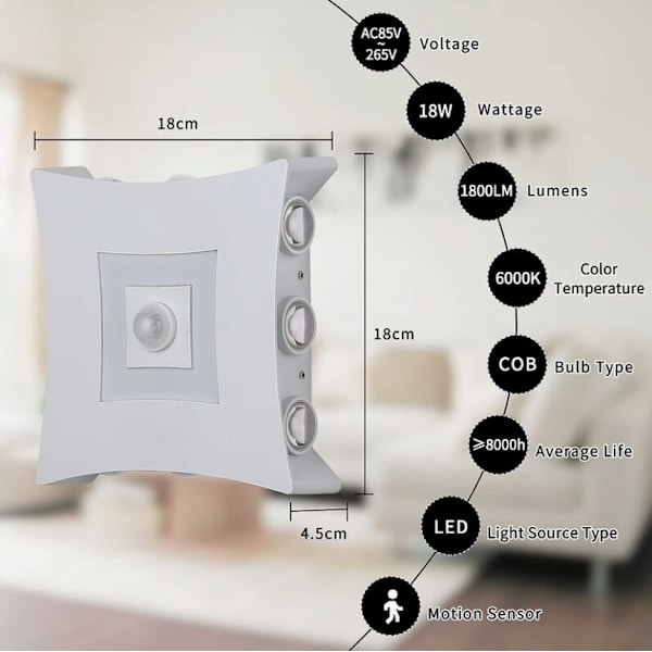 18W moderni LED-ulkoseinävalaisin PIR-liiketunnistimella, IP