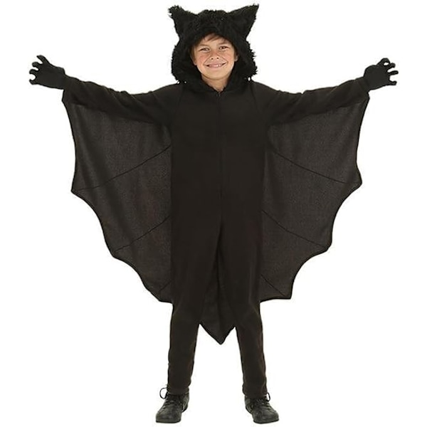 Børns Halloween-flagermuskostume med lynlås, hætte og handsker til rollespil til småbørn S