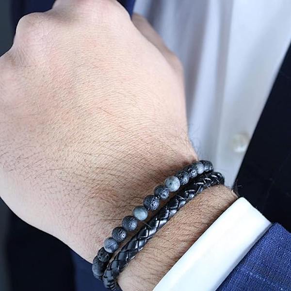 Blå sten i läder 21cm Original Armband för män tillverkat av 6mm