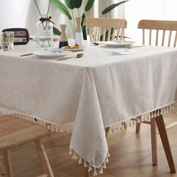 Rektangulær beige flekkavvisende duk med dusk, vaskbar bomullsduk