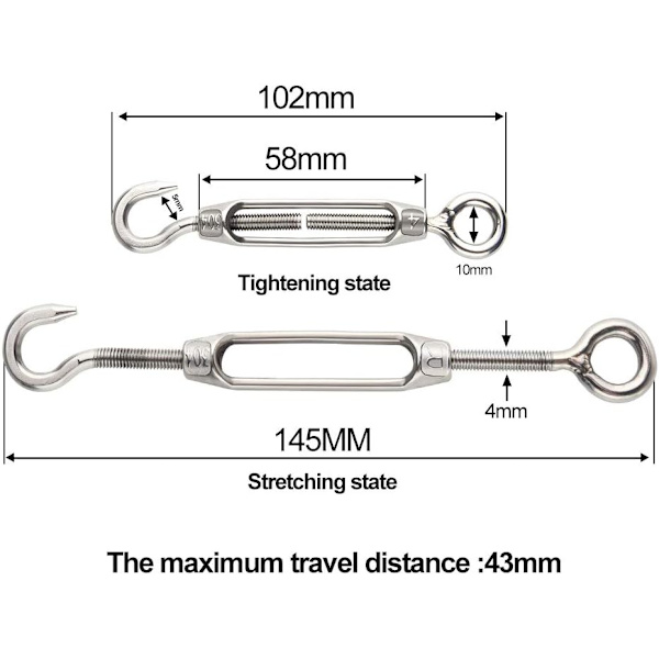 6 stk. Wire Turnbuckle Turnbuckle M4 Rustfritt Stål Justerbar Tu