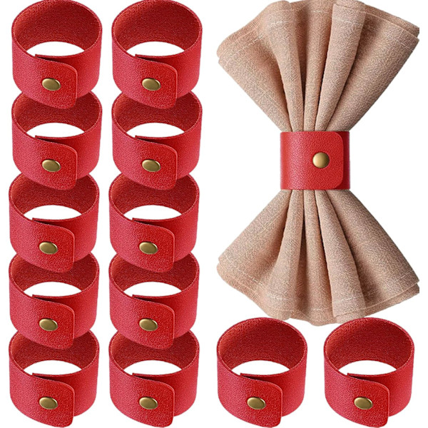 12 kpl Rustic Leather Napkin Rings Punainen Napkin Soljet Pöytäkoristeluun, Jouluun, Kiitospäivään, Ystävänpäivään, Hääjuhlaan, Syntymäpäivään