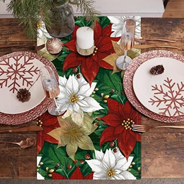 Julröd Guld Poinsettia Bordlöpare, Jul Vinter Liten Burlap Bordlöpare Säsongsbetonad Semester Kök Matbord Deko