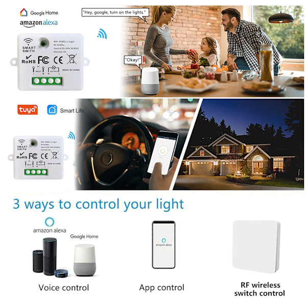 Mini Trådløs WiFi Switch RF Fjernbetjening 2500W 10A 3 Modtagere med 1 Trådløs Vægskifter Smart Kontrol via APP