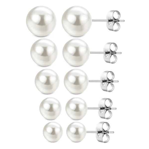 5 par øreringe Dame øreringe Hvide perle øreringe (4-8mm)