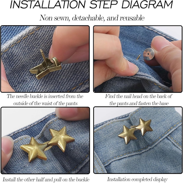 4 Sett Justerbare Jeansknapper, Ingen Grunn til å Sy Avtakbare Knappnåler, Perfekt Passform Avtakbar Øyeblikkelig Knapp. (Kobberstjerne)