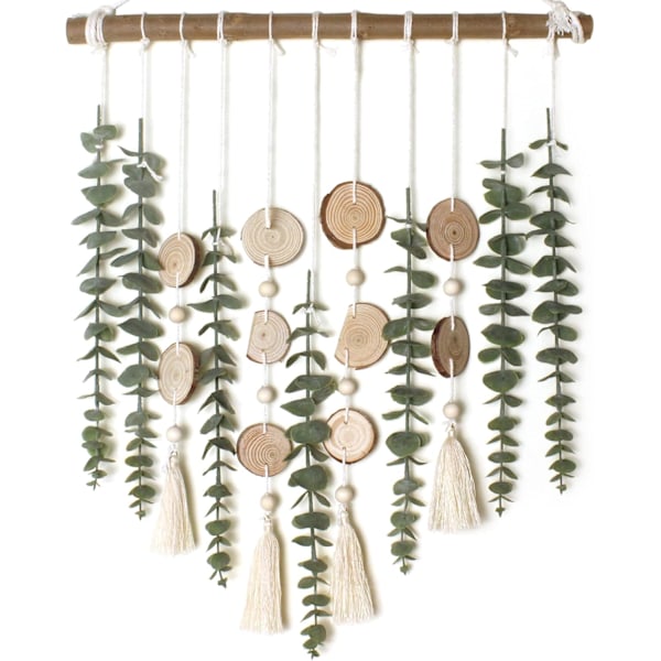 Kunstig Eucalyptus Veggdekorasjon Falske Grønne Blader Stilker Vegg Hengende Planter på Trepinne Boho Rustikk Landstil