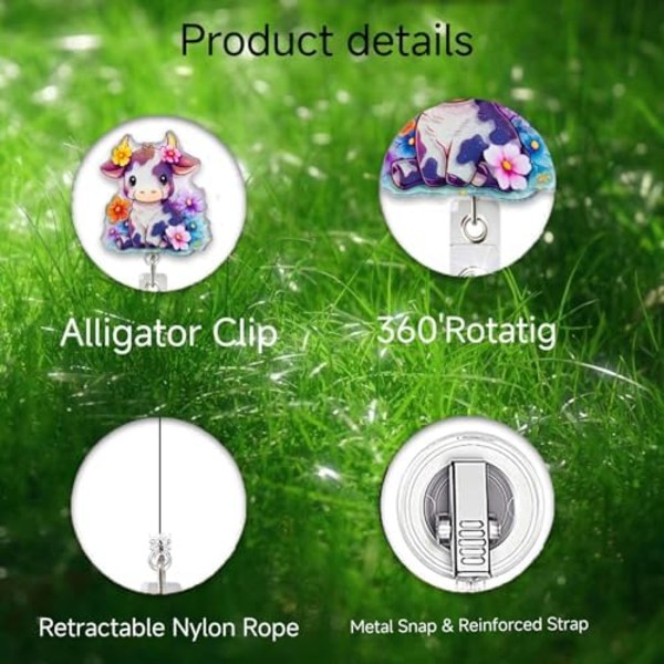 Blommig Ko Sjuksköterska Badge Reel Retraktil Glitter Färgglad Namnlapp Akryl Alligator Clip Fjäder ID Badgehållare för Sjuksköterskor