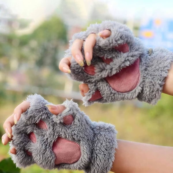 1 par Søde Kattekillens Pote Fingerløse Handsker Cozy Faux Fur Plush Halvfinger Handsker Touchscreen Varme Vanter til Piger