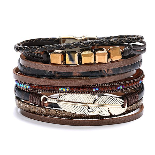 Läderarmband med flera strängar och fjäder för kvinnor