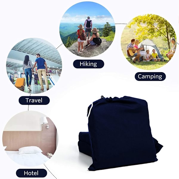 Kevyt ja kannettava, likaa hylkivä matkakäyttöön tarkoitettu makuupussilakana Navy blue